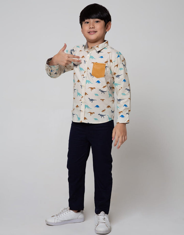 Little M Long Sleeve Shirt Print Dino Poplin