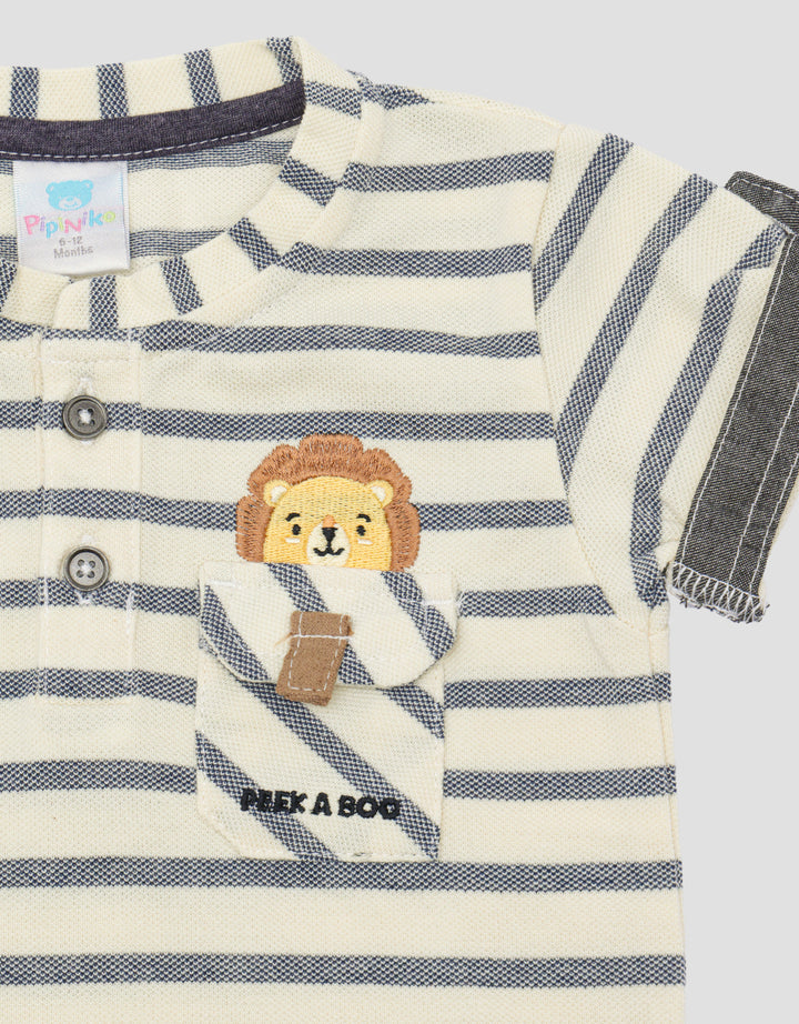 Pipiniko Stripe Lion Kantong Kaos Lengan Pendek Anak Laki-laki