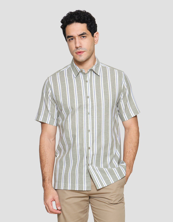 Cole Stripe Mandarin Colar Kemeja Lengan Pendek Pria