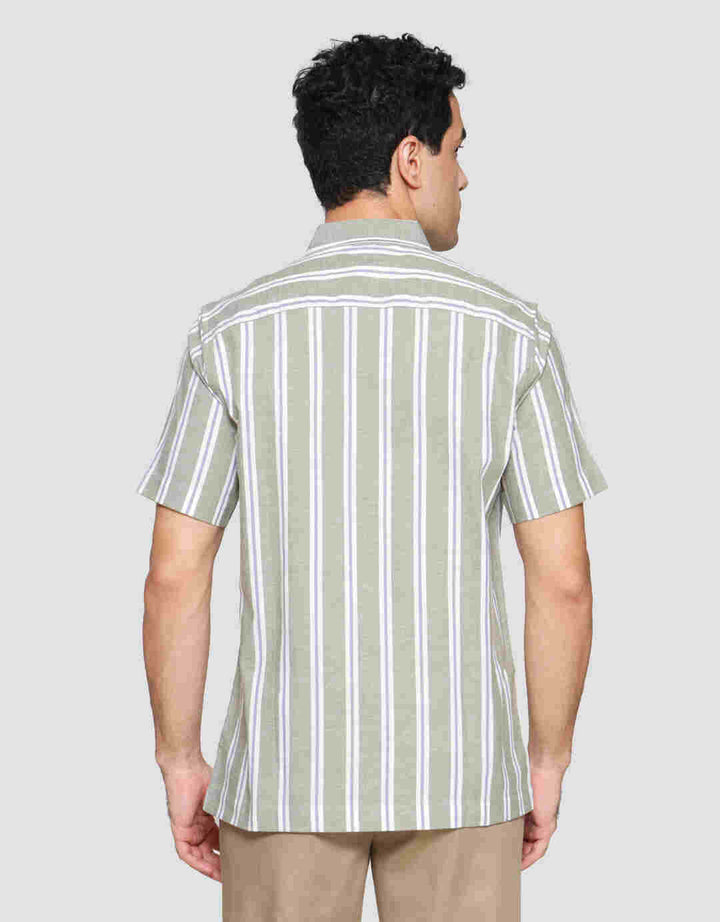 Cole Stripe Mandarin Colar Kemeja Lengan Pendek Pria