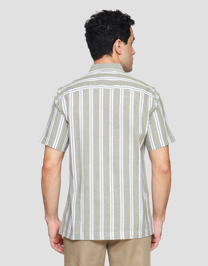 Cole Stripe Mandarin Colar Kemeja Lengan Pendek Pria