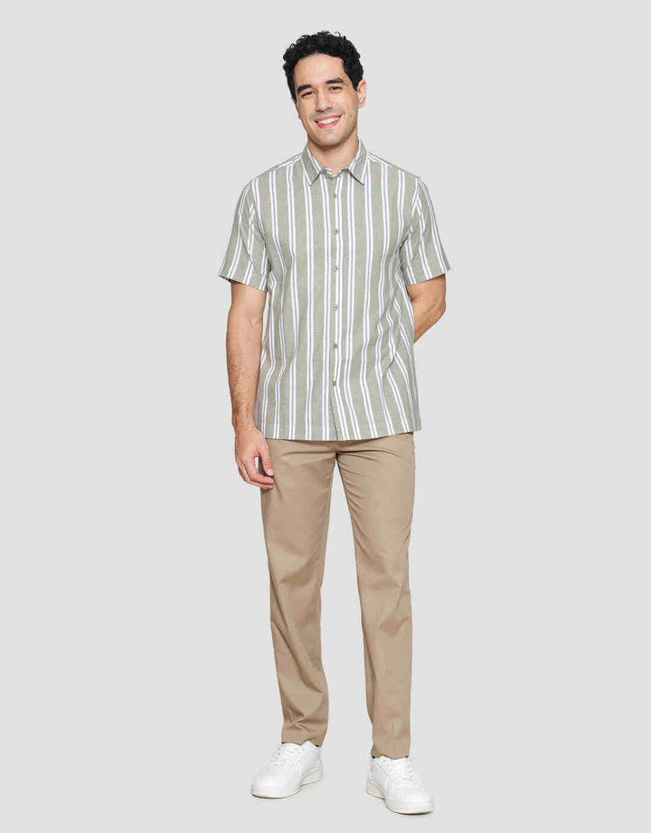 Cole Stripe Mandarin Colar Kemeja Lengan Pendek Pria