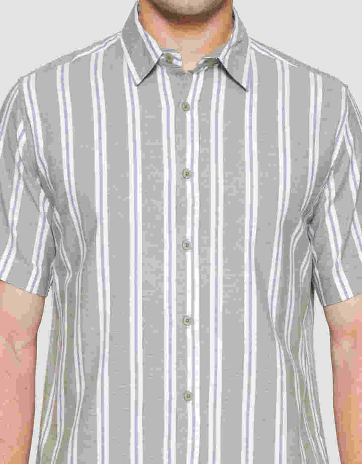 Cole Stripe Mandarin Colar Kemeja Lengan Pendek Pria