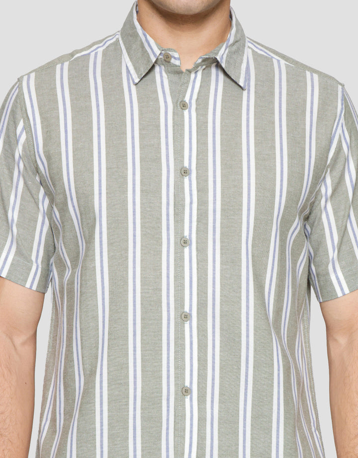 Cole Stripe Mandarin Colar Kemeja Lengan Pendek Pria