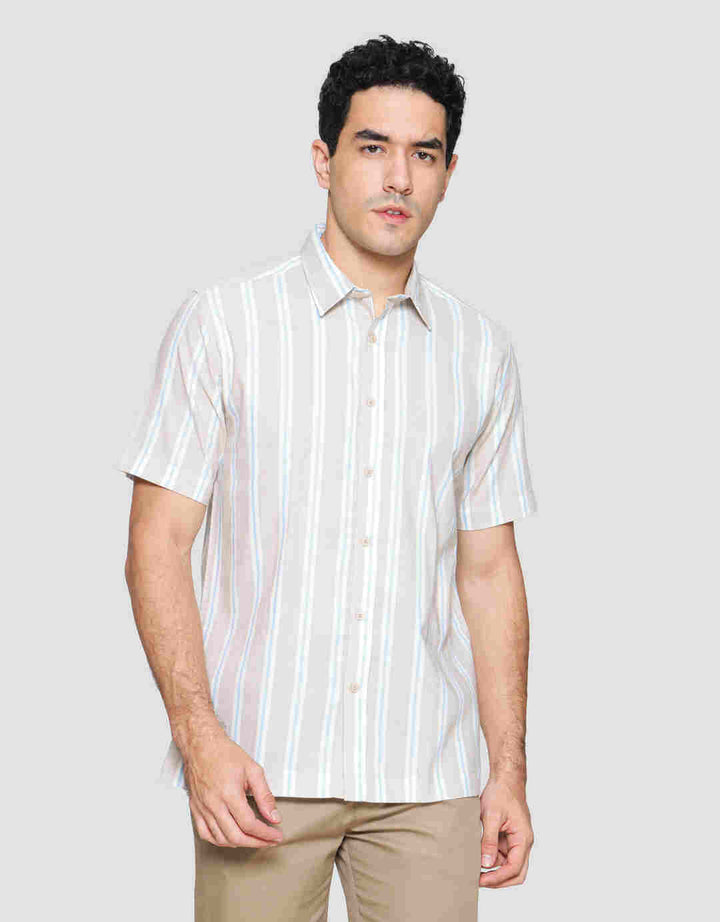 Cole Stripe Mandarin Colar Kemeja Lengan Pendek Pria