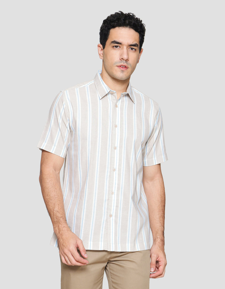 Cole Stripe Mandarin Colar Kemeja Lengan Pendek Pria