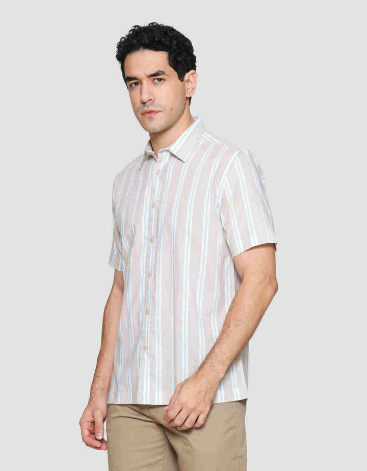Cole Stripe Mandarin Colar Kemeja Lengan Pendek Pria