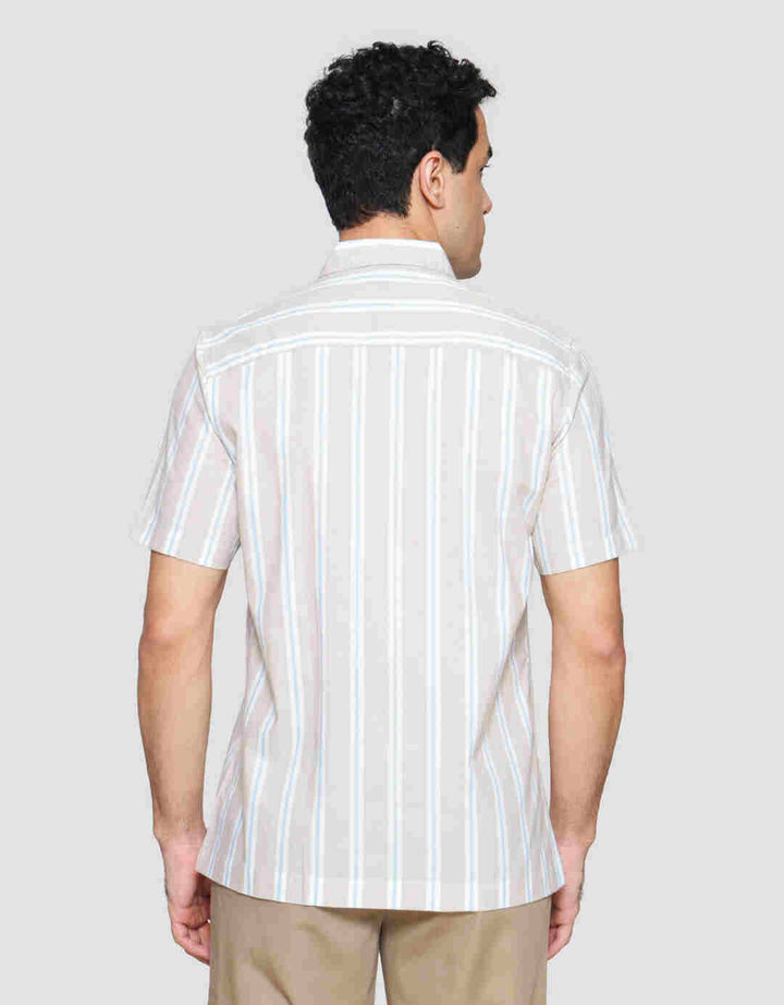 Cole Stripe Mandarin Colar Kemeja Lengan Pendek Pria