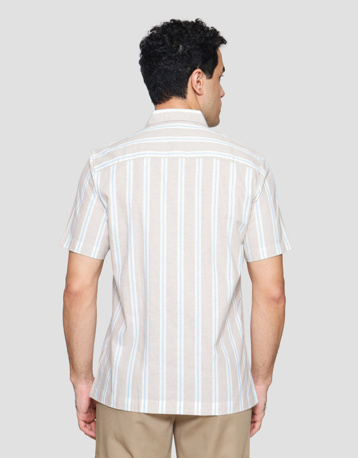 Cole Stripe Mandarin Colar Kemeja Lengan Pendek Pria