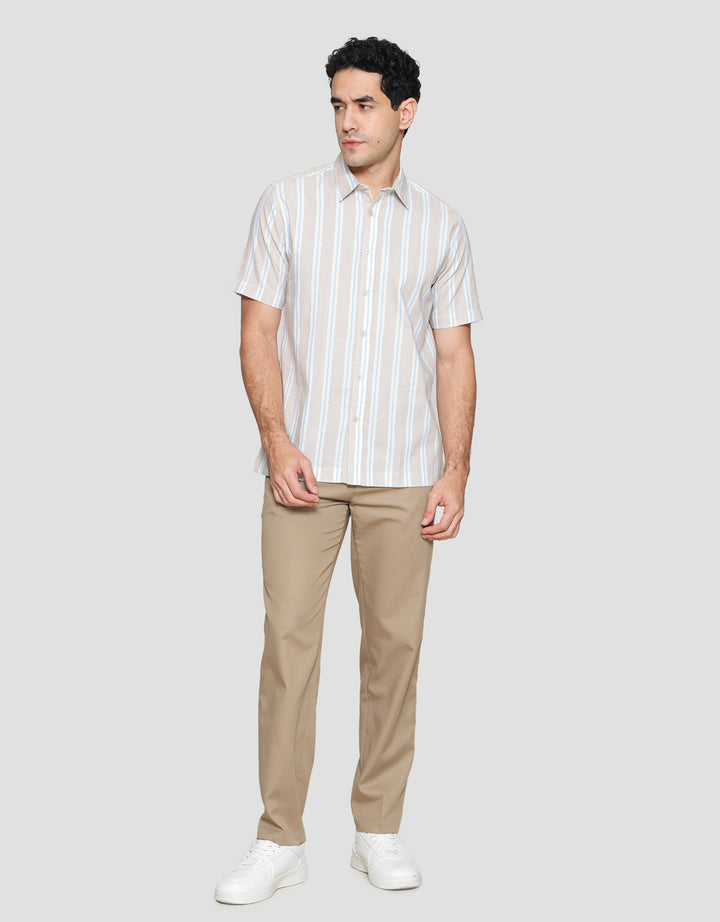 Cole Stripe Mandarin Colar Kemeja Lengan Pendek Pria