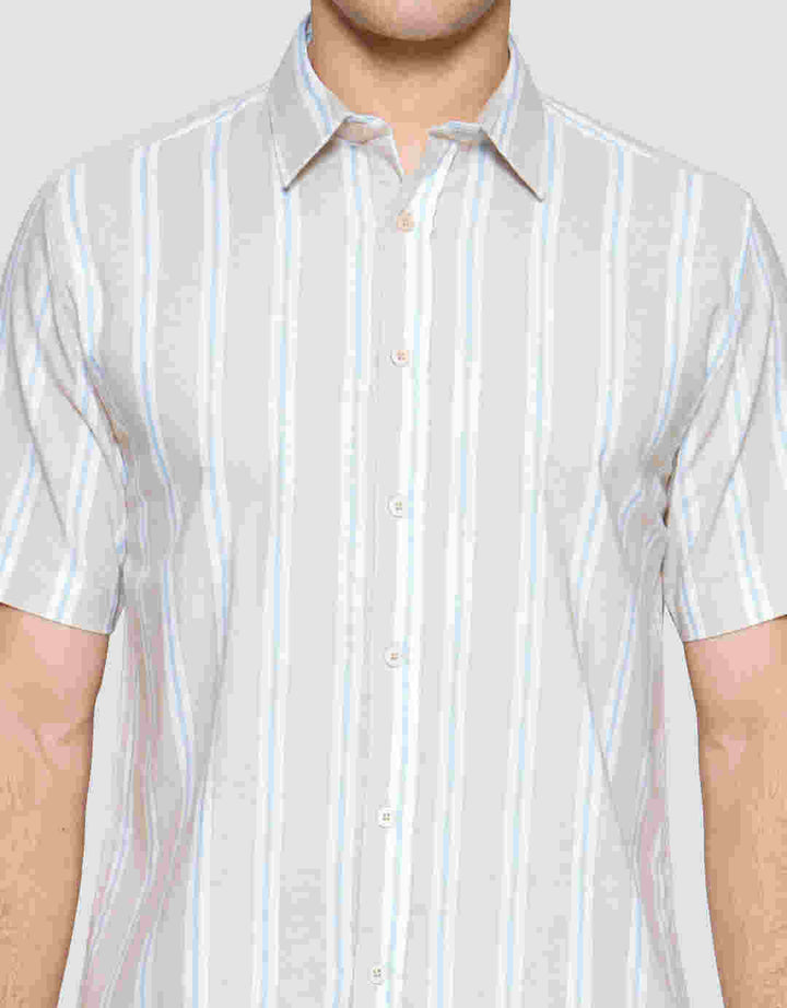 Cole Stripe Mandarin Colar Kemeja Lengan Pendek Pria