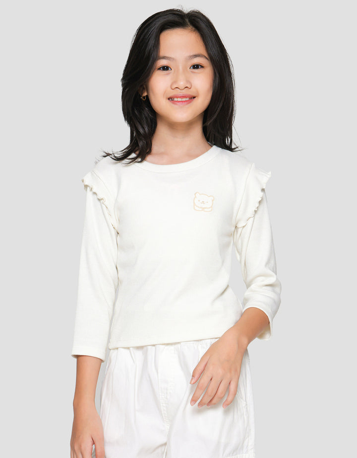 Little M Rib Ruffle Embroidery Ontone 1 Girls T-Shirt