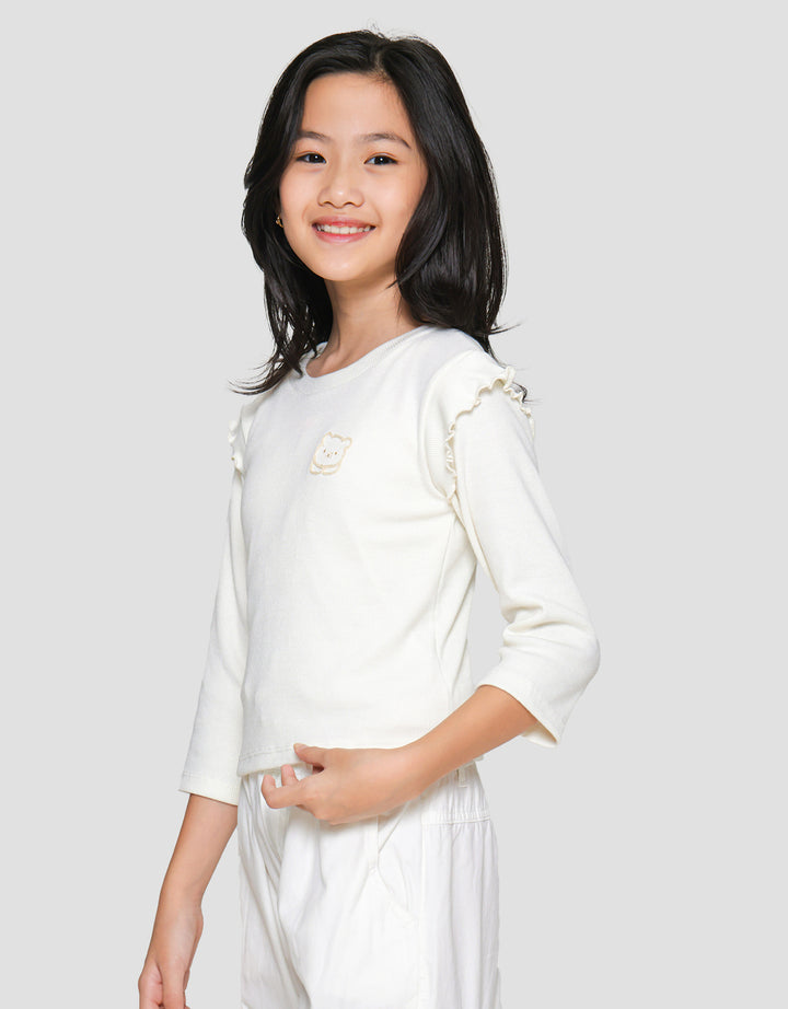 Little M Rib Ruffle Embroidery Ontone 1 Girls T-Shirt