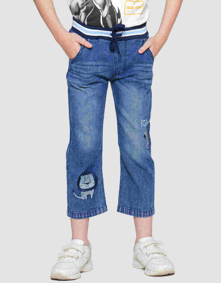 Little M Denim Regular Non Stretch Embroidered Rib Waist Men's Long Pants