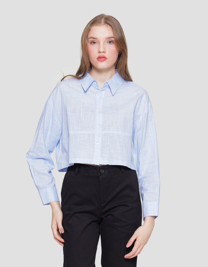 Nevada Woven Top Linen Look Kemeja Lengan Panjang Wanita