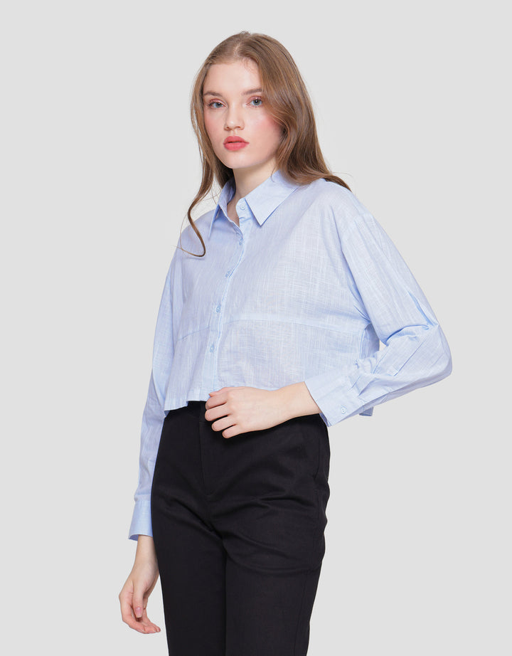 Nevada Woven Top Linen Look Kemeja Lengan Panjang Wanita
