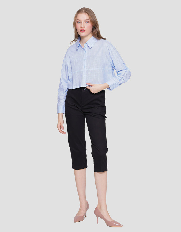 Nevada Woven Top Linen Look Kemeja Lengan Panjang Wanita