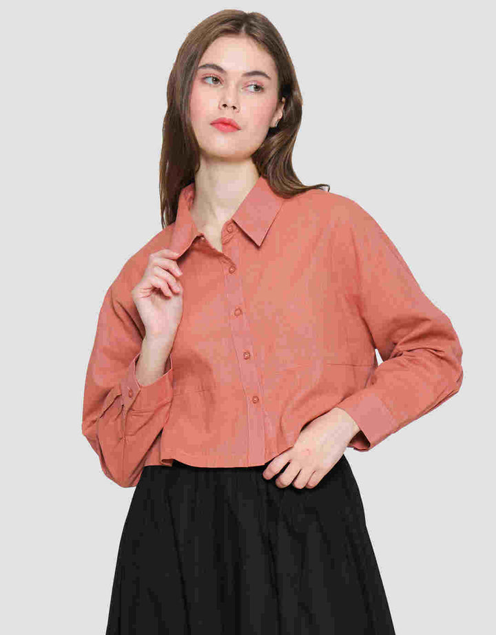 Nevada Woven Top Linen Look Kemeja Lengan Panjang Wanita
