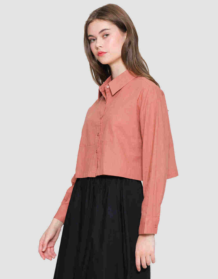 Nevada Woven Top Linen Look Kemeja Lengan Panjang Wanita