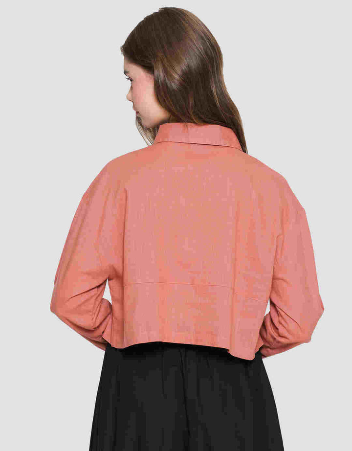 Nevada Woven Top Linen Look Kemeja Lengan Panjang Wanita