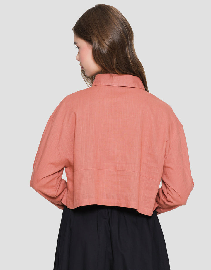 Nevada Woven Top Linen Look Kemeja Lengan Panjang Wanita
