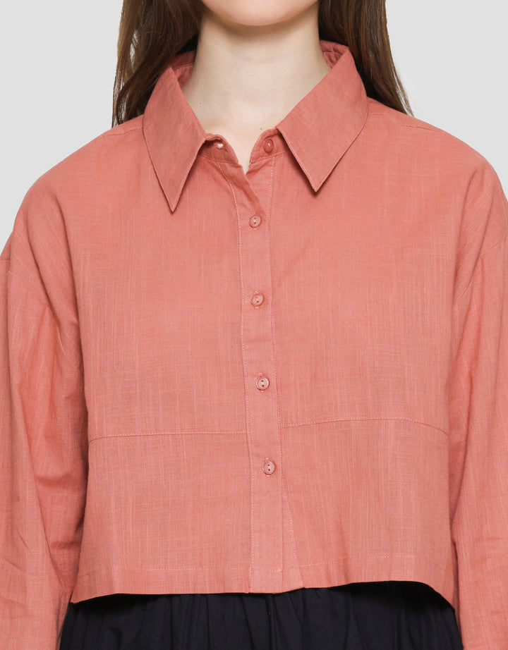 Nevada Woven Top Linen Look Kemeja Lengan Panjang Wanita