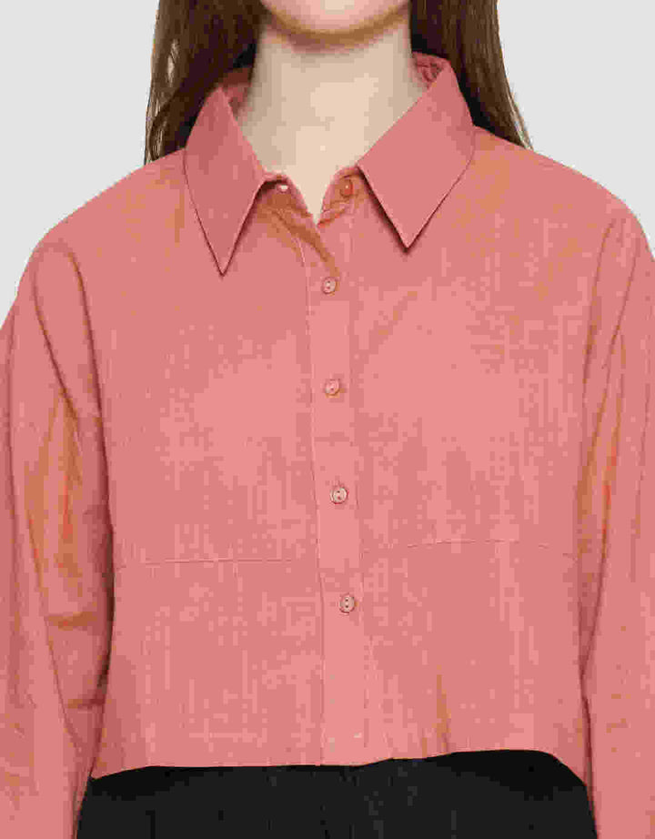 Nevada Woven Top Linen Look Kemeja Lengan Panjang Wanita