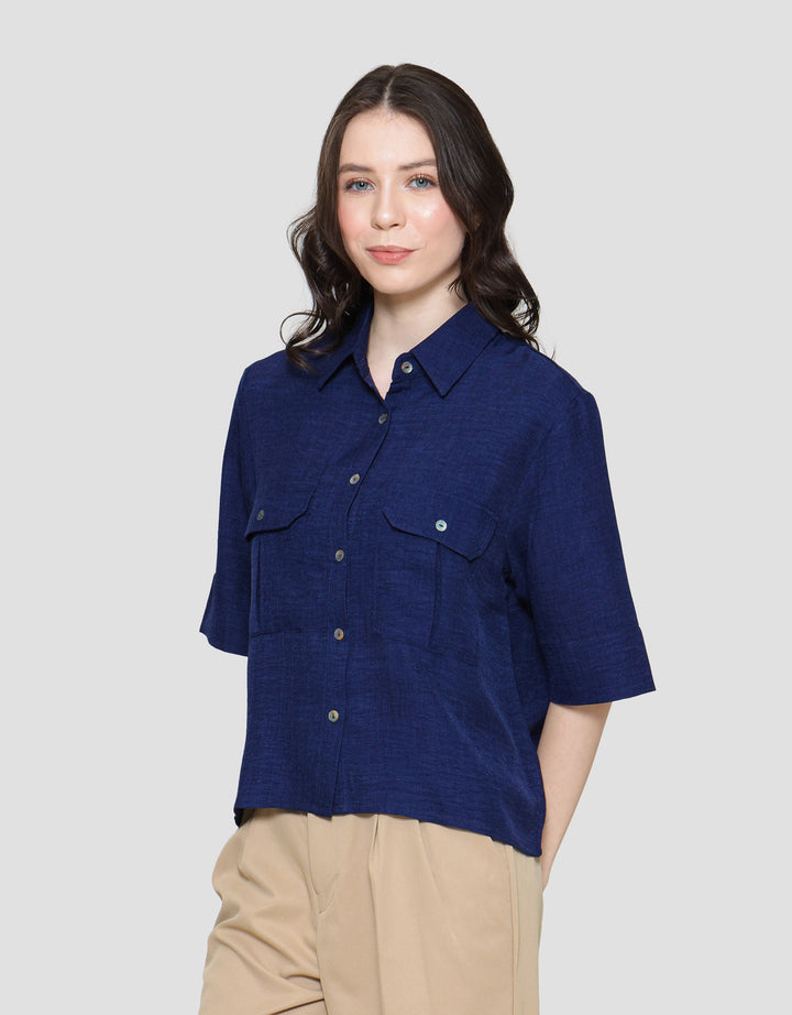 Connexion Linen Denim Pocket Kemeja Wanita