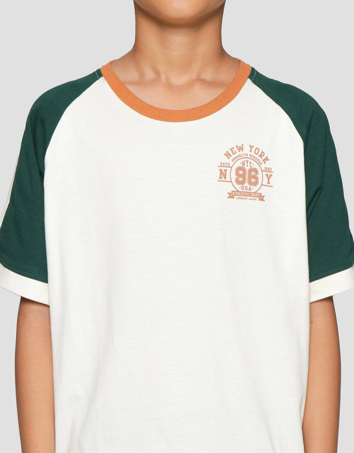Nevada Raglan Stripe Shoulder With Front Print Boys Short Sleeve T-Shirt