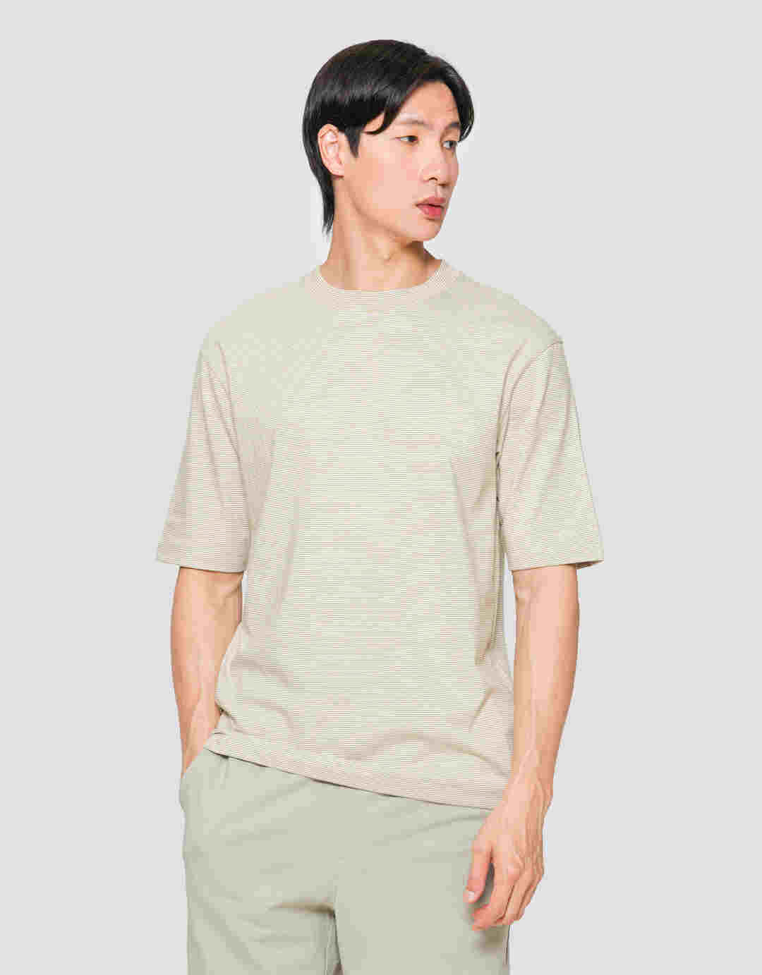 Suko Oversized Garis Kerah Bulat Kaos Lengan Pendek Pria