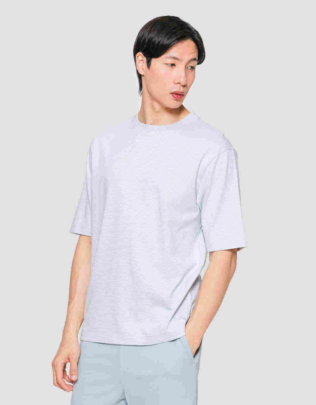 Suko Oversized Garis Kerah Bulat Kaos Lengan Pendek Pria