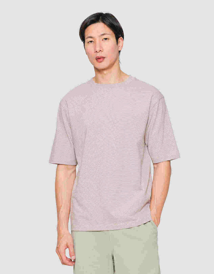 Suko Oversized Garis Kerah Bulat Kaos Lengan Pendek Pria