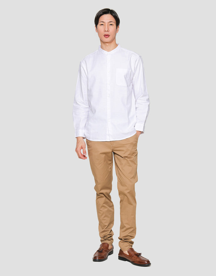 Suko Mandarin Collar Linen Sheer Kerah Tegak Kemeja Pria