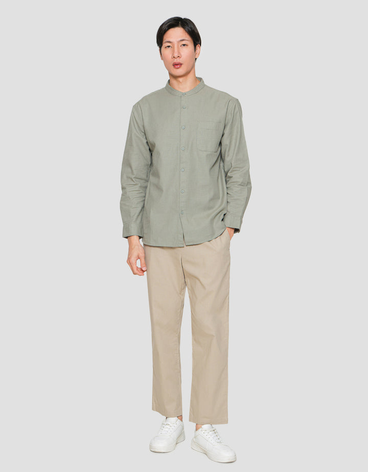 Suko Mandarin Collar Linen Sheer Kerah Tegak Kemeja Pria