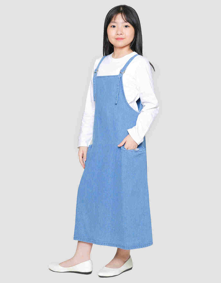 Nevada Salur Kantong Kerut Midi Dress Overall Denim Anak Perempuan