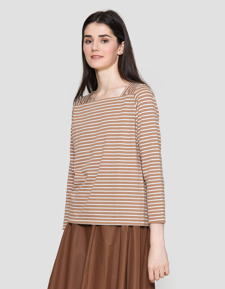 Connexion Stripe Square Neck Rib Women's Long Sleeve T-Shirt