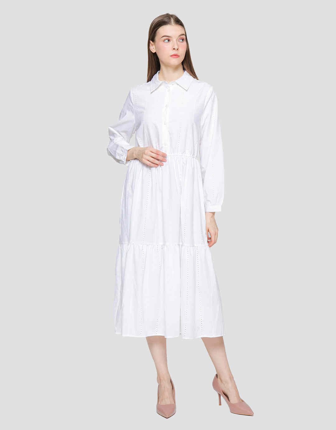 Suko Eyelet Gaun Lengan Panjang Wanita