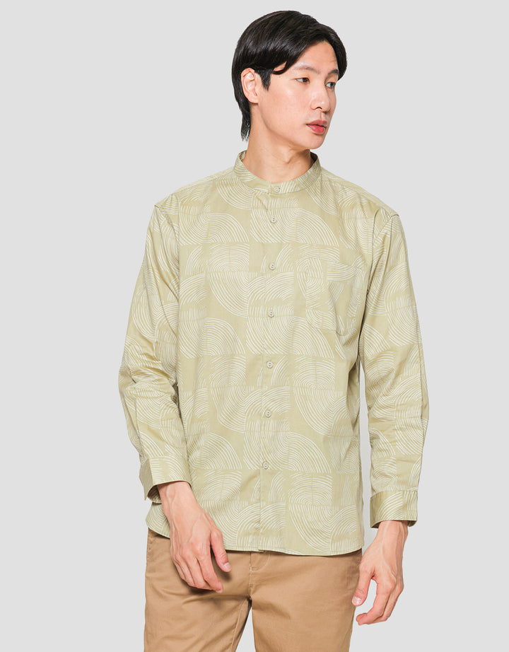 Suko Kerah Mandarin Collar Printed Kemeja Lengan Panjang Pria