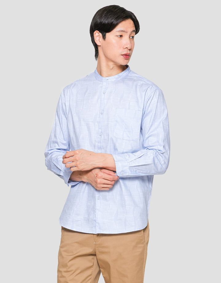 Suko Motif Mandarin Collar Printed Kemeja Lengan Panjang Pria