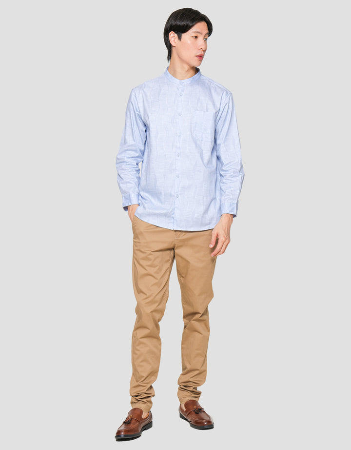 Suko Motif Mandarin Collar Printed Kemeja Lengan Panjang Pria