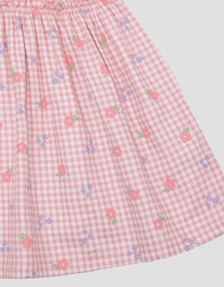 Little M Kombi Woven Kotak Flower Midi Dress Anak Perempuan