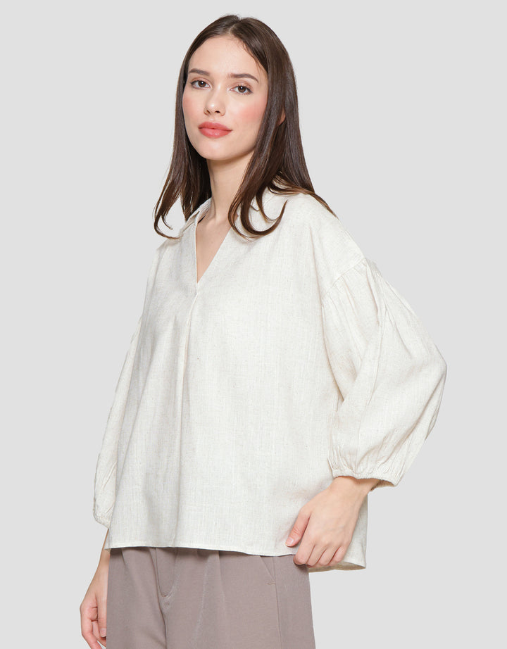 St. Yves Notch Collar Linen Relaxed Blouse Wanita