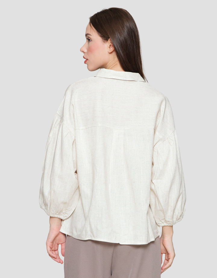 St. Yves Notch Collar Linen Relaxed Blouse Wanita