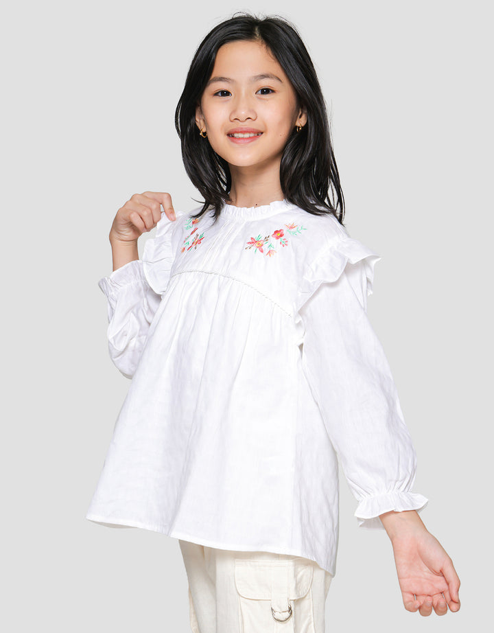 Little M Dobby Kerah Ruffle Bordir Blouse Anak Perempuan
