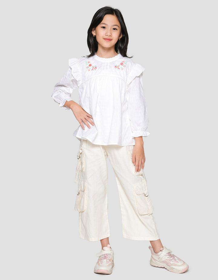 Little M Dobby Kerah Ruffle Bordir Blouse Anak Perempuan