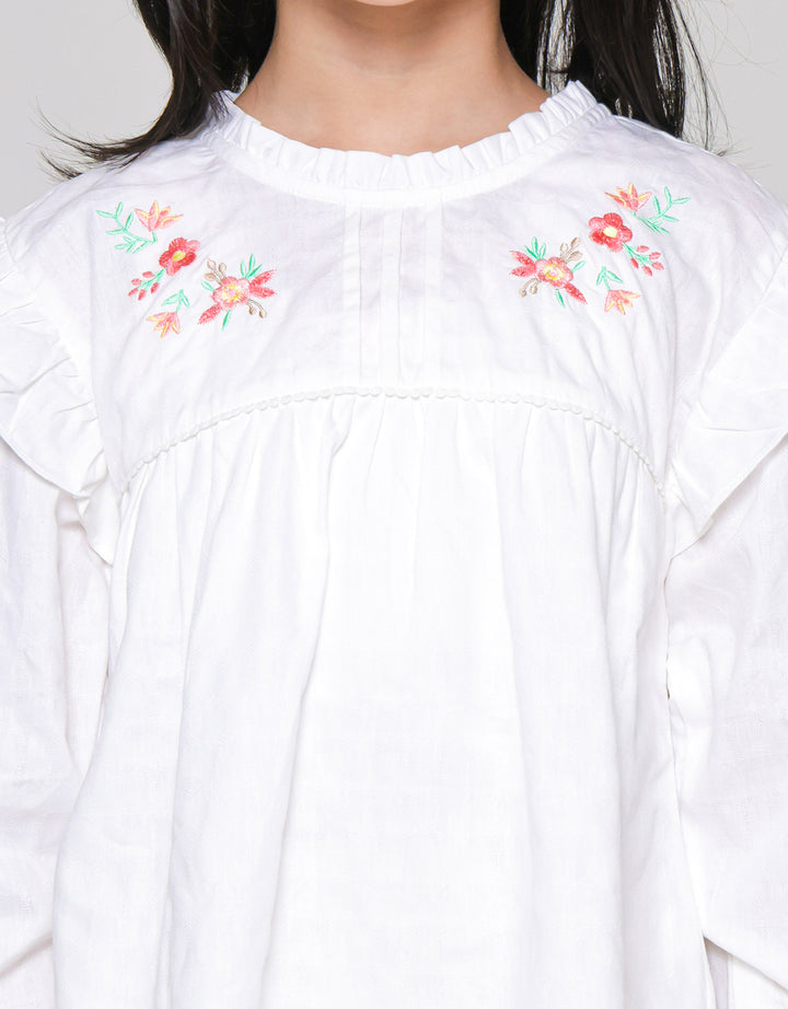 Little M Dobby Kerah Ruffle Bordir Blouse Anak Perempuan