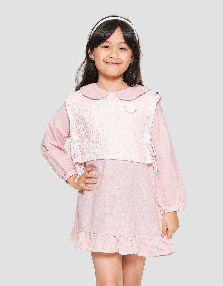 Little M Woven Combination Knit Collar Flower Patch Midi Dress for Girls
