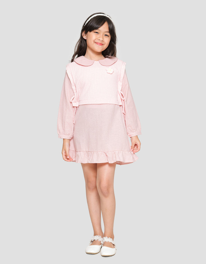 Little M Woven Combination Knit Collar Flower Patch Midi Dress for Girls