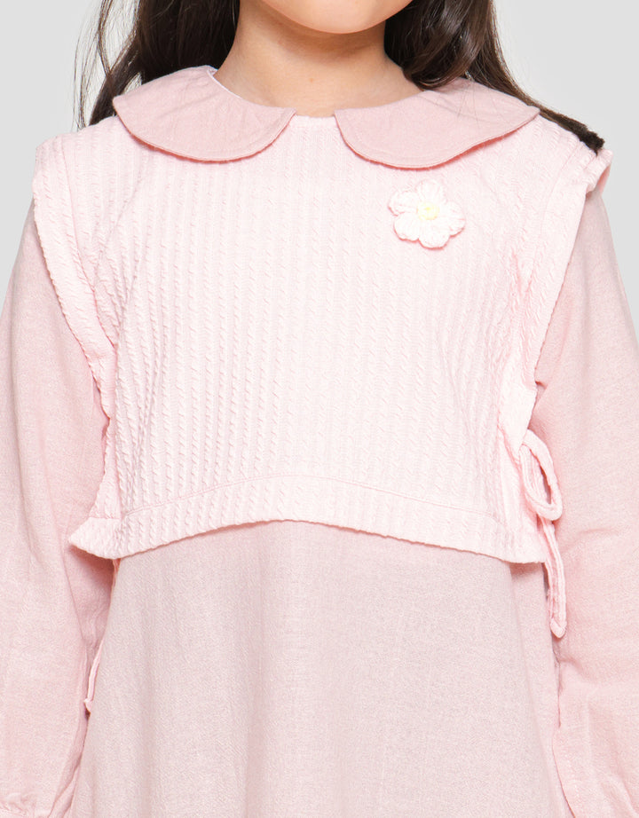 Little M Woven Combination Knit Collar Flower Patch Midi Dress for Girls
