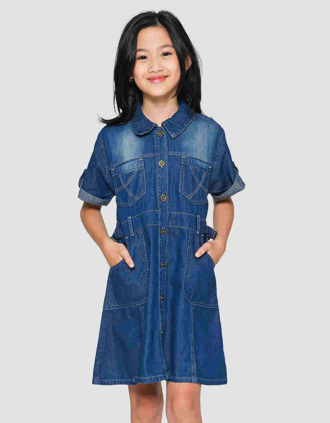 Little M Safari Denim Midi Dress for Girls